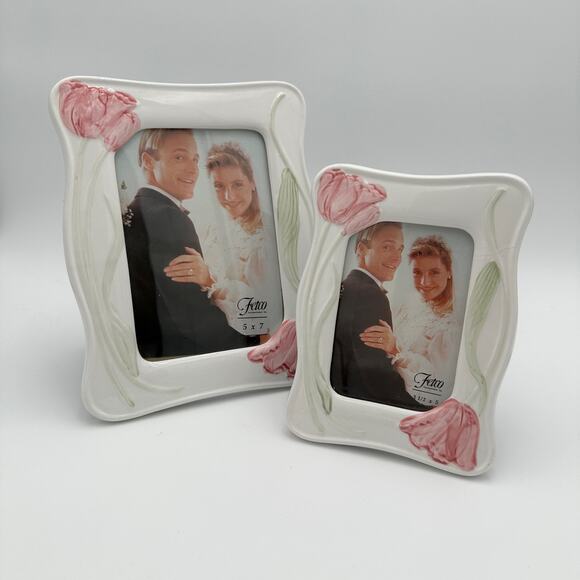 Vintage Picture Frame 3"x5" Ceramic, Tabletop Frame Pink, White, Green 1980s - Picture 6 of 8